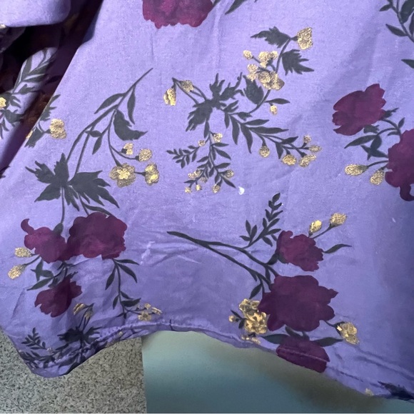 Plus Size Peasant Blouse Purple Yellow Floral Tie Neck - Picture 9 of 10